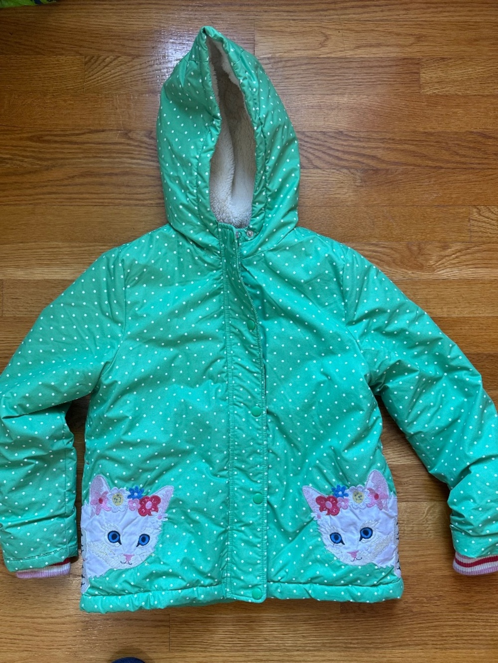Mini Boden Green Polka Dot White Cat Faux Fur Lined Girls Boys Jacket Sz 9-10Yrs